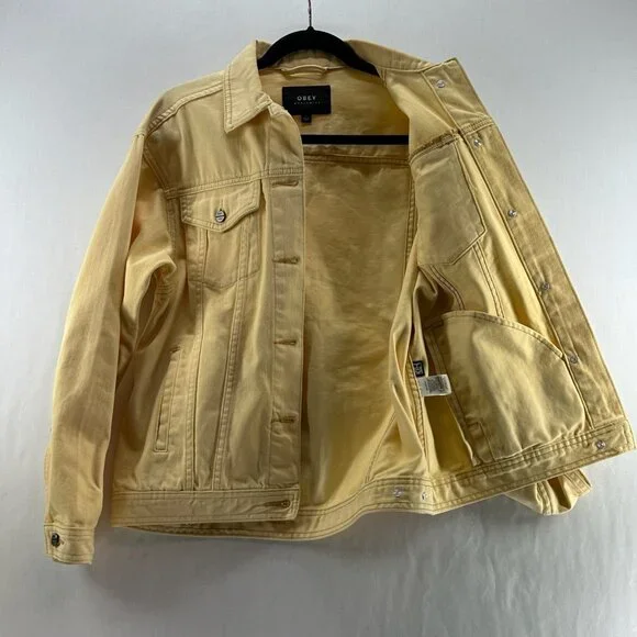 OBEY Denim Trucker Jacket Womens S Graphic Rose Button Front Long Sleeve Yellow - Picture 3 of 13